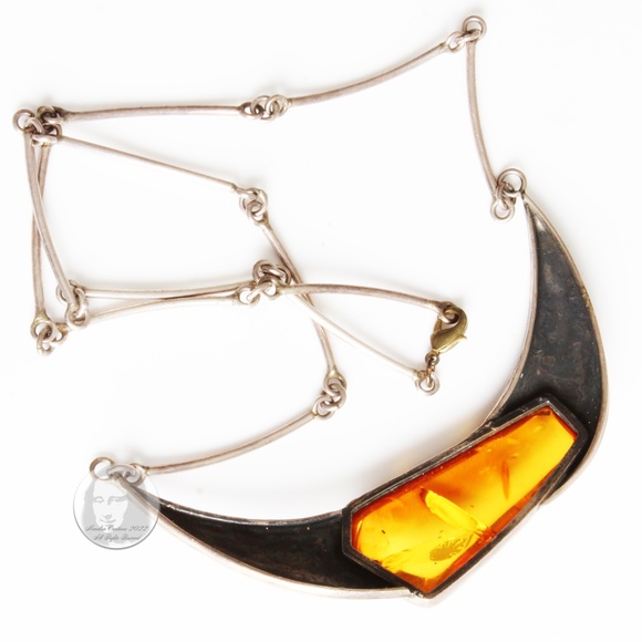 Vintage Necklace with Amber Pendant Abstract Artisan Silver Metal 90s Statement - Picture 7 of 8